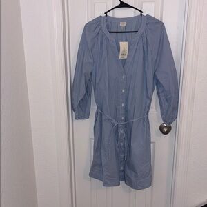 Blue Striped Button-Up Dress with Waist Tie